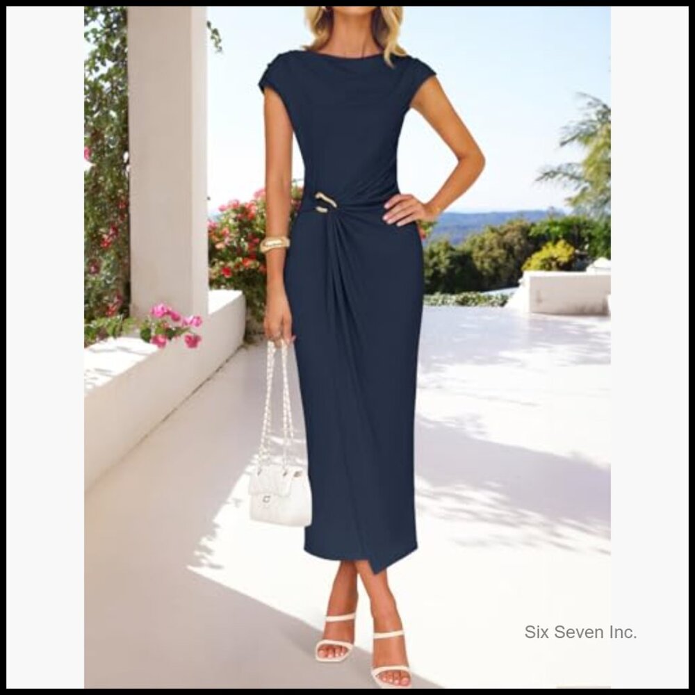 Polyester Elastane Mock Neck Bodycon Midi Dress C… - image 3